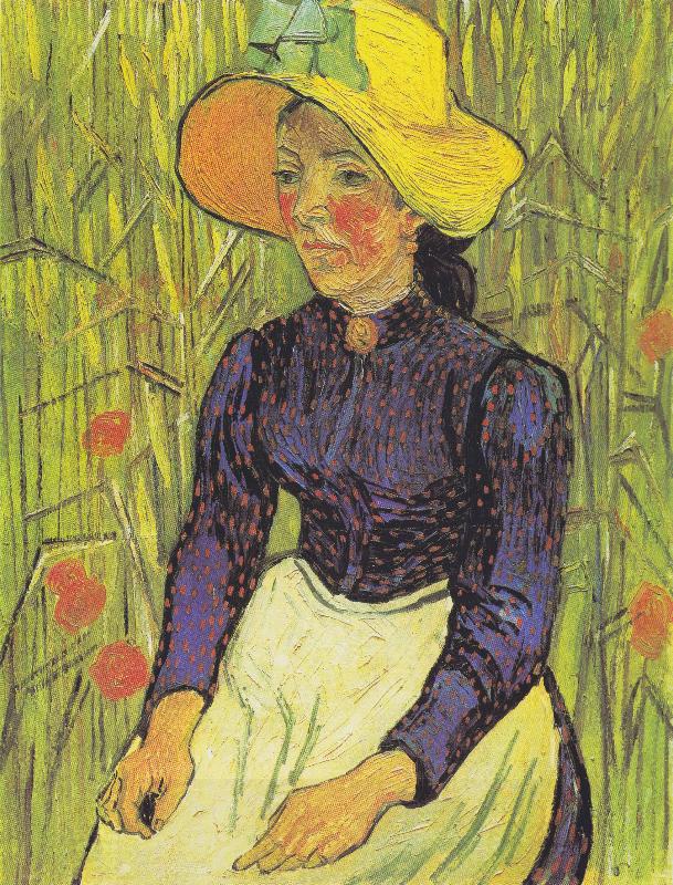 Vincent Van Gogh Young Peasant Woman with straw hat sitting in front of a wheat field oil painting picture